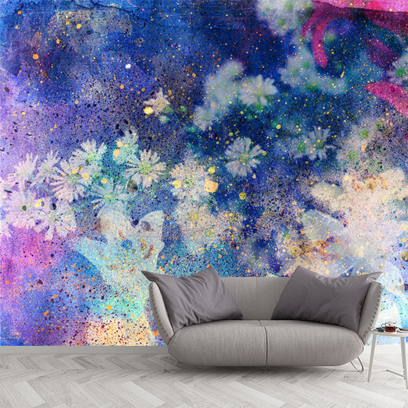 Magic Daisy Wall Paper Mural for Girls Room Watercolor Wall Art in Blue, Made to Measure