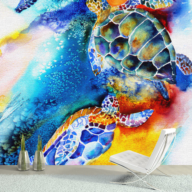 Abstract Drawing Turtle Mural Blue Water Resistant Wall Decoration for Living Room