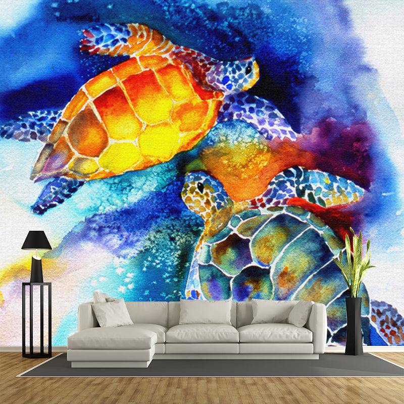 Abstract Drawing Turtle Mural Blue Water Resistant Wall Decoration for Living Room