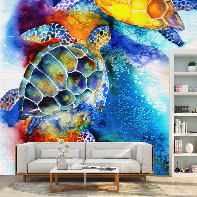 Abstract Drawing Turtle Mural Blue Water Resistant Wall Decoration for Living Room