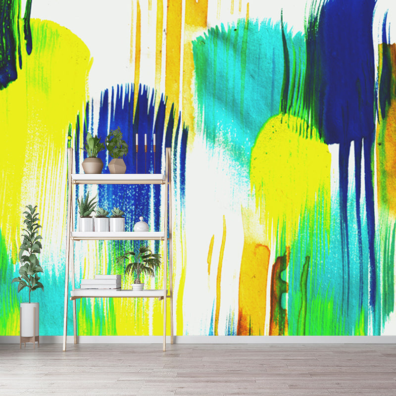 Yellow-Blue Brush Stroke Mural Decal Watercolor Modern Washable Wall Art for Living Room