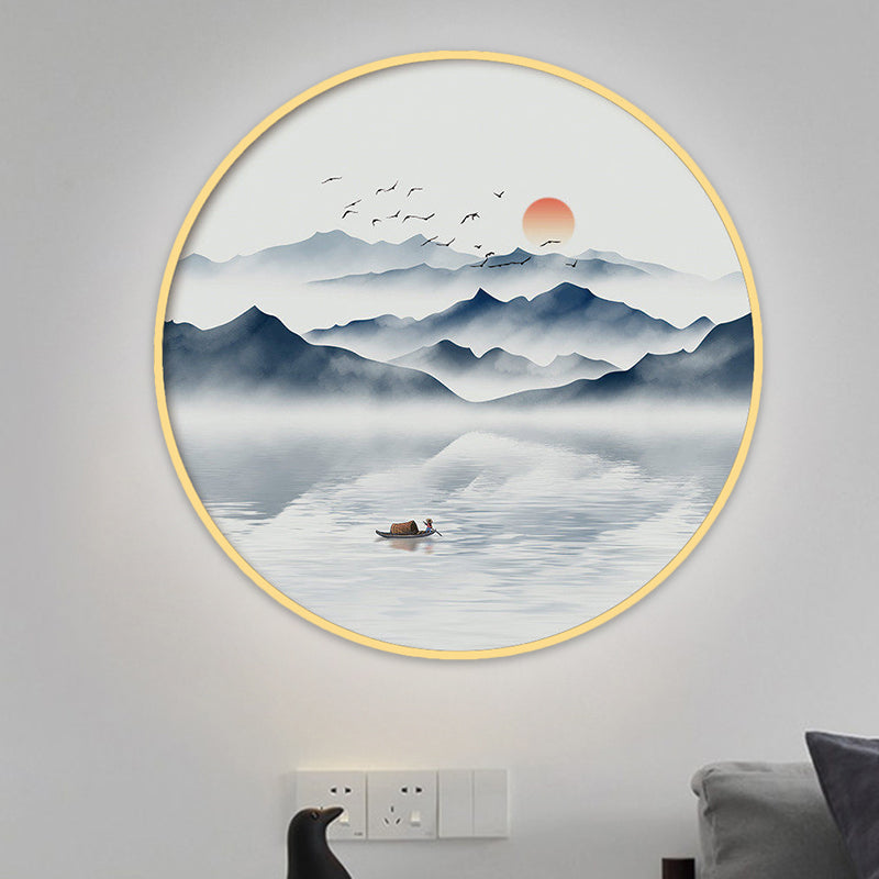 Ronde Acryl Wall SCONCE Licht Aziatisch grijs/blauwe bergrivier LED Mural Lighting in warm/wit licht