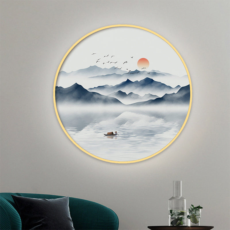 Ronde Acryl Wall SCONCE Licht Aziatisch grijs/blauwe bergrivier LED Mural Lighting in warm/wit licht