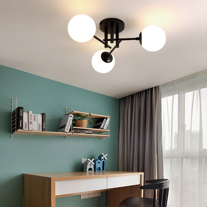 Metal Crossed Lines Semi Flush Ceiling Lighting Nordic 3/8/12 Heads Black Ceiling Flush Mount with Ball Glass Shade for Living Room