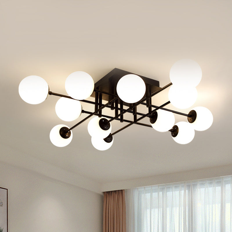 Metal Crossed Lines Semi Flush Ceiling Lighting Nordic 3/8/12 Heads Black Ceiling Flush Mount with Ball Glass Shade for Living Room