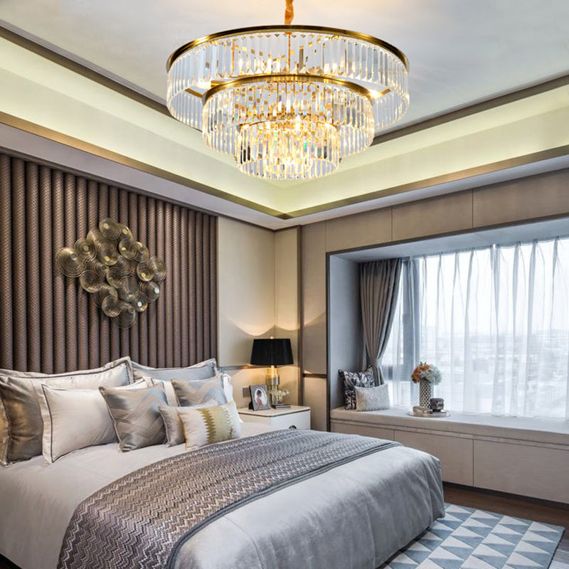 3-Tier Round Chandelier Light Fixture Contemporary Metal Pendant Lamp with Crystal Block in Gold