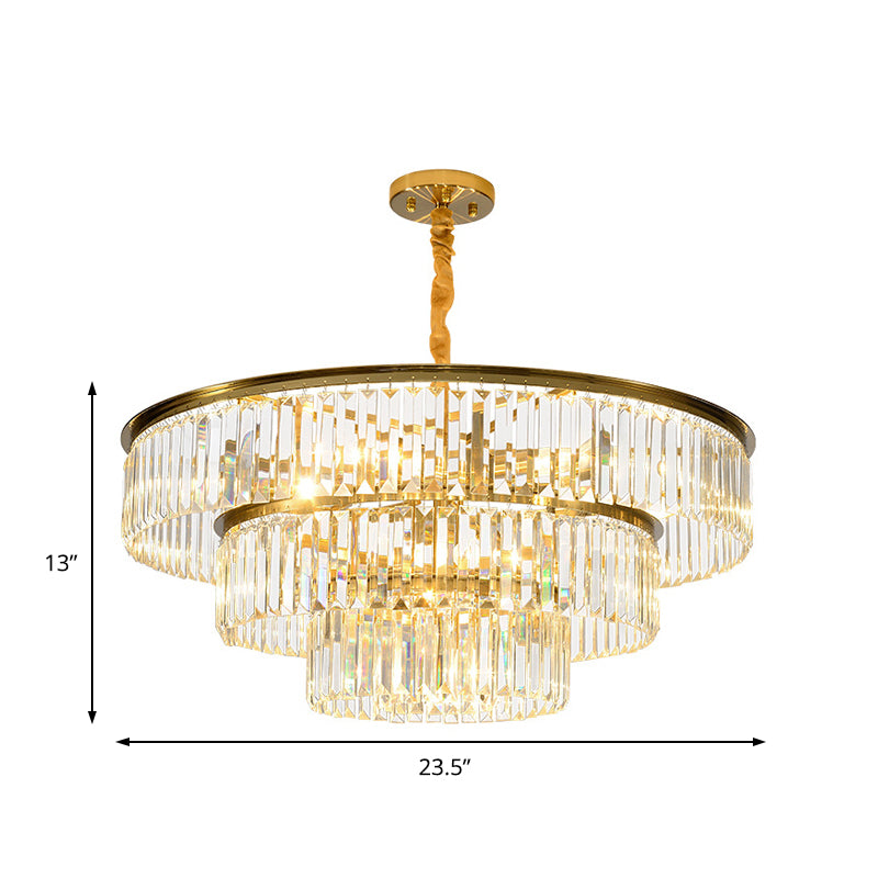 3-Tier Round Chandelier Light Fixture Contemporary Metal Pendant Lamp with Crystal Block in Gold