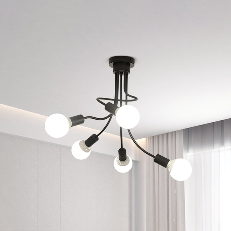 Black Curbe Metal Arms Semi-plafond Lightture Simple 3/5 Lights Black Plafond Mount Chandelier pour salle à manger