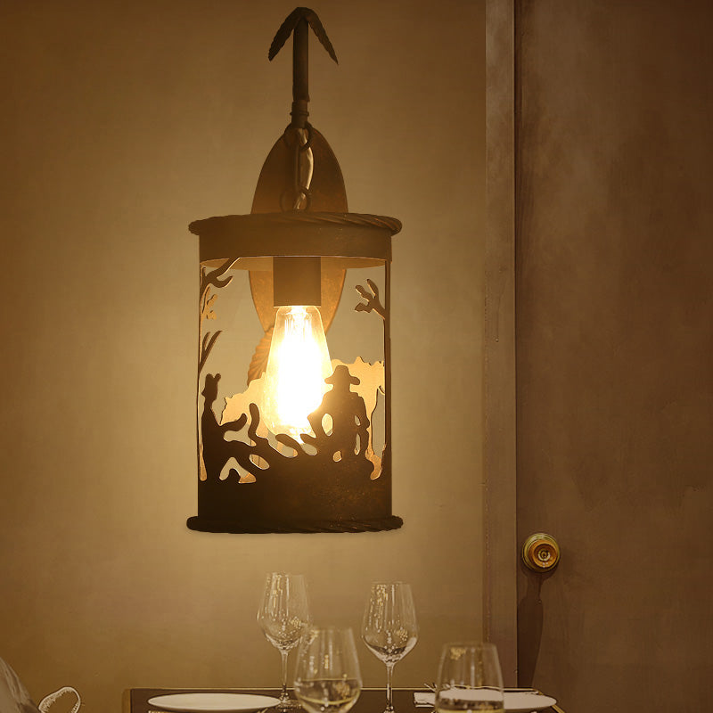 1 Bulb Cylinder Wall Mounted Light Industrial Rust Metal Lighting with Leaf and Horse Pattern