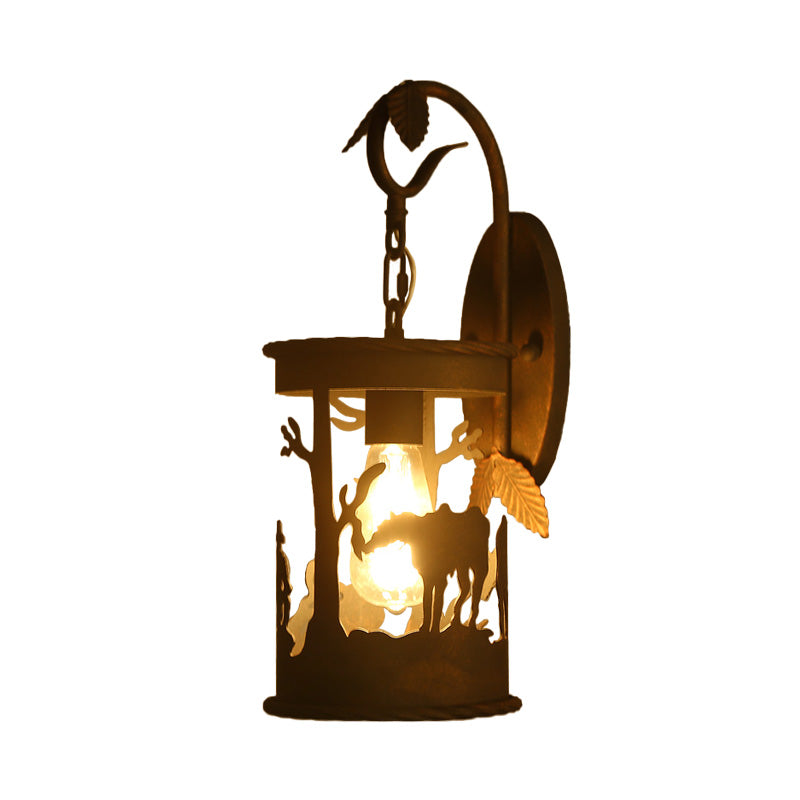 1 Glühbirnenzylinderwand montiertes Licht Industrial Rost Metallbeleuchtung mit Blatt und Pferdemuster