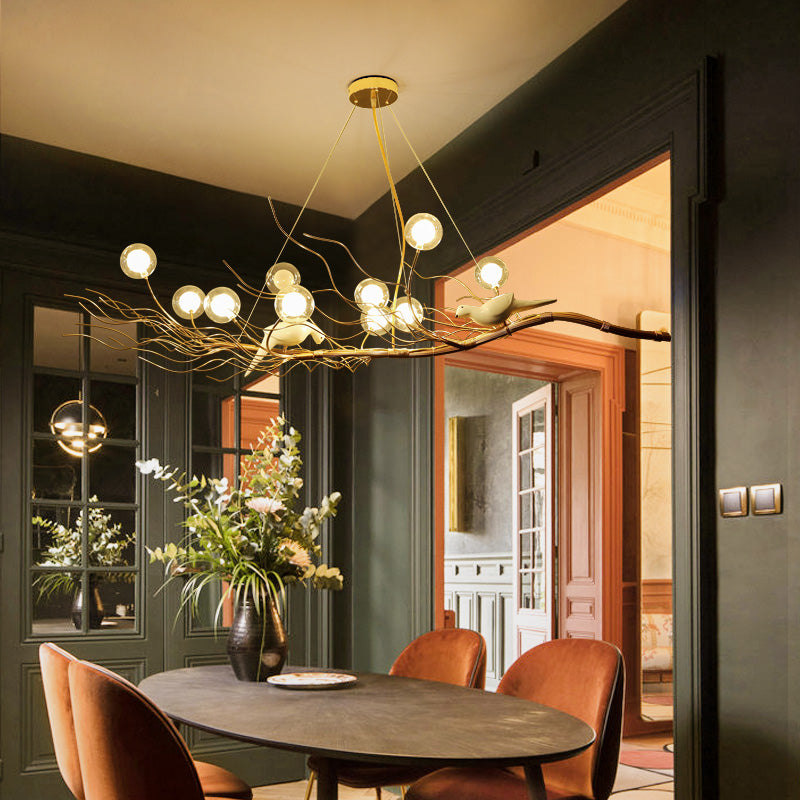 Gold Branch Pendant Light Modern 10-Light Glass Glass Island Lampe avec oiseaux pour salle à manger