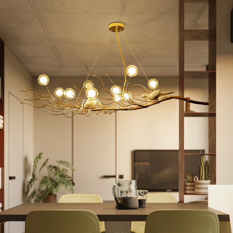 Gold Branch Pendant Light Modern 10-Light Glass Glass Island Lampe avec oiseaux pour salle à manger