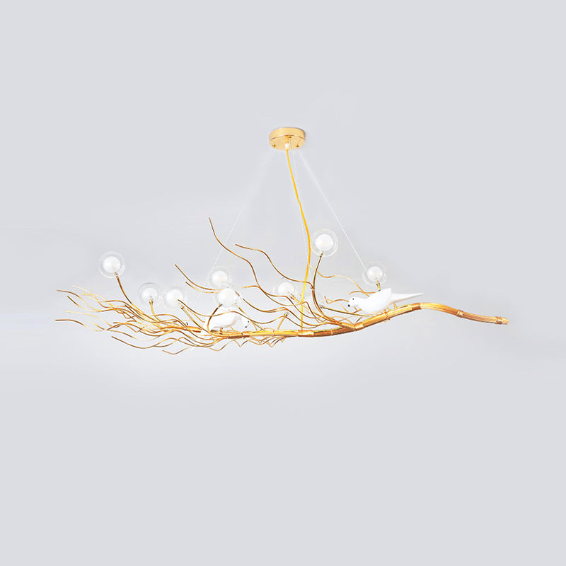 Gold Branch Pendant Light Modern 10-Light Glass Glass Island Lampe avec oiseaux pour salle à manger
