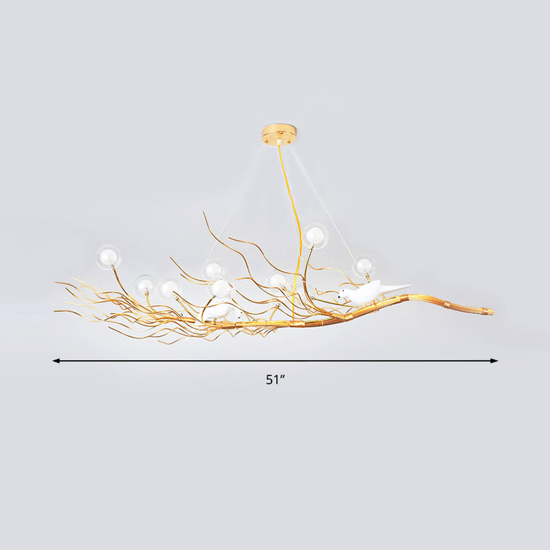Gold Branch Pendant Light Modern 10-Light Glass Glass Island Lampe avec oiseaux pour salle à manger