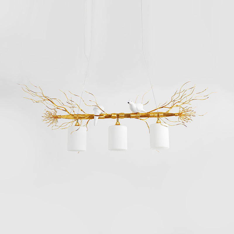 Cylinder Ceiling Island Pendant Modern 3-Head White Glass Hanging Light Fixture with Gold/Silver Branch