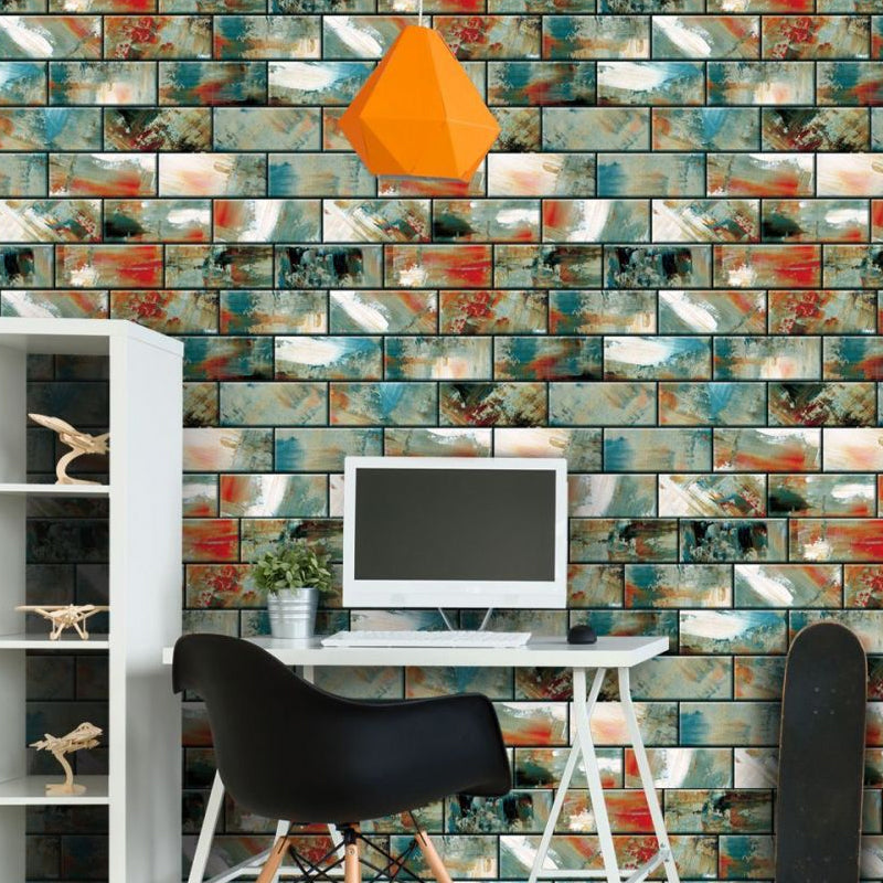 Grey-Green Brickwork Wallpapers Graffiti Cyberpunk Peel off Wall Art for Kitchen