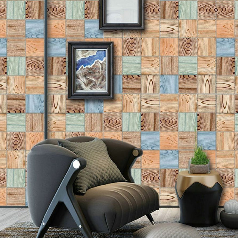 Splicing Wood Grain Wallpaper Panel Industrial Smooth Wall Art in Blue-Brown, Stick On