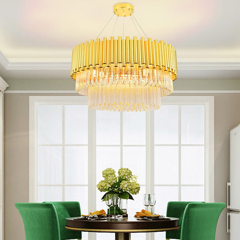 Brass Metal Chandelier Lamp Vintage Round Shade Multi Light Pendant Chandelier Light with Crystal Block