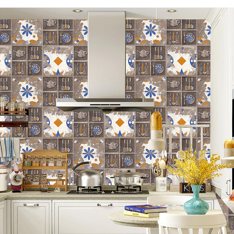 Nostalgic Distressed Dishware Wallpapers for Restaurant 20 Pieces 8.6-sq ft Wall Decor in Grey, Stick On