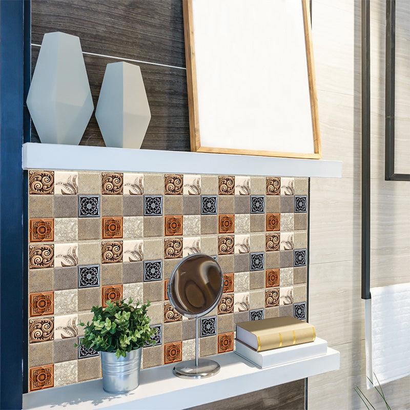 Brown Mosaic Tiles Wallpapers 36 Pcs Scrolls Pattern Retro Stick On Wall Art for Home