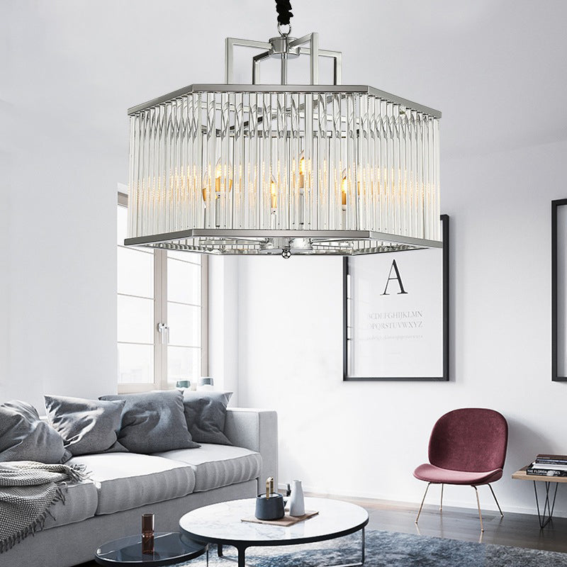 Hexagon Chrome Pendant Chandelier Light Modern Metal Multi Light Hanging Lamp with Crystal for Living Room