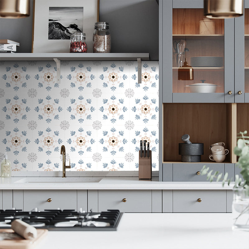 Rural Flower Adhesive Wallpaper Panel Set 20 Pieces White Kitchen Backsplash Wall Decor, 8.6-sq ft