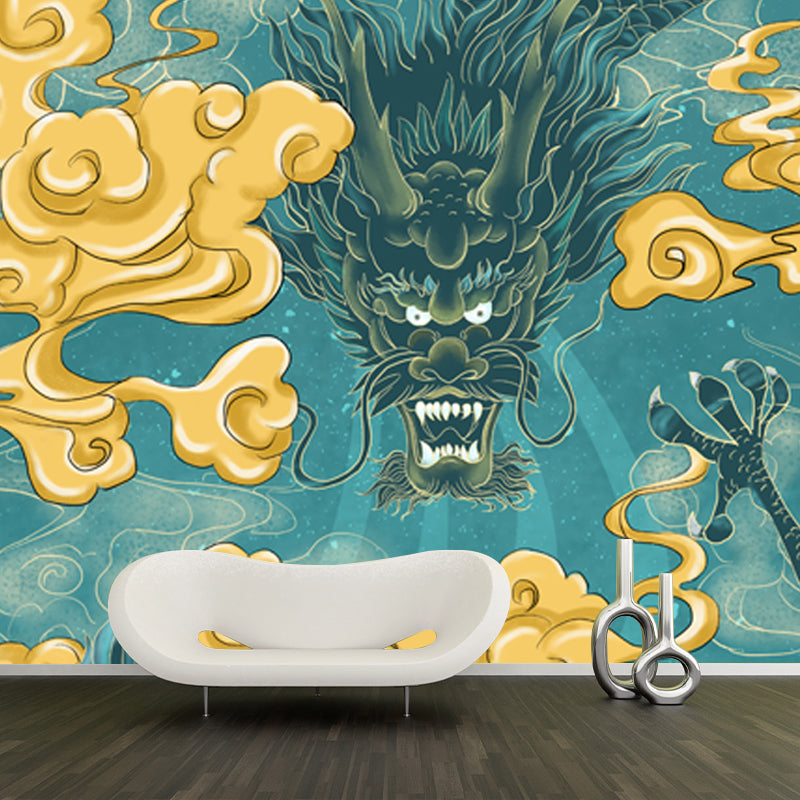 Aqua Dragon with Cloud Mural Decal Moisture Resistant Chinese Style Bedroom Wall Decor