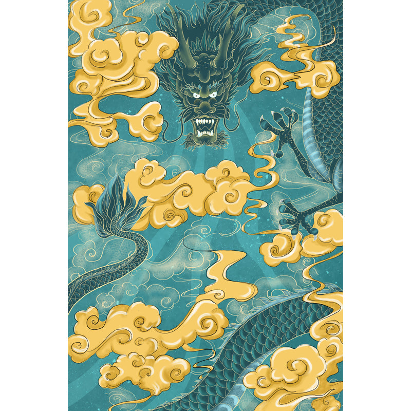Aqua Dragon with Cloud Mural Decal Moisture Resistant Chinese Style Bedroom Wall Decor