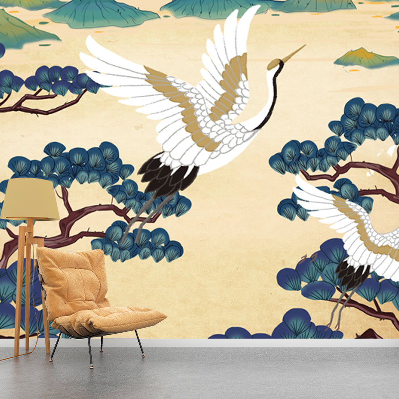 Sunrise Halcyon Mountain Landscape Mural Oriental Non-Woven Fabric Wall Art in Beige