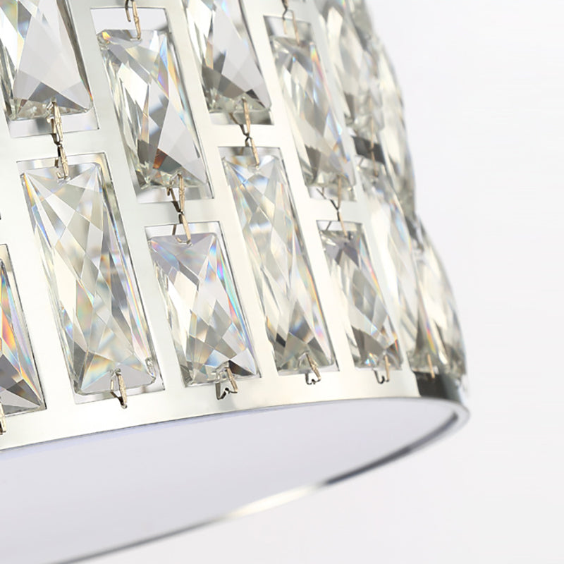 Clear Crystal Drum Chandelier Light Contemporary Pendant Lamp with Metal Chain in Chrome for Bedroom