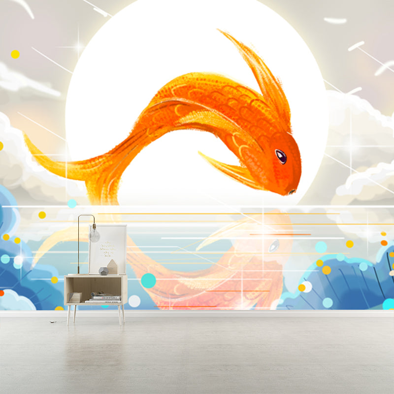 Asian Carp Jumping Wallpaper Mural White Living Room Wall Decoration, Made to Measure