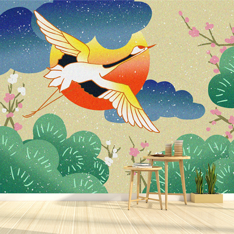 Illustration Red-Crown Cranes Mural for Tearoom, Green, Customized Size Available