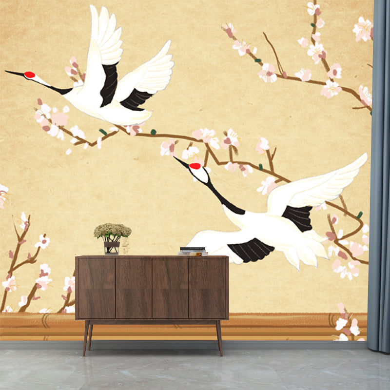 Custom Illustration Chinoiserie Mural with Halcyon Fly over Roof Pattern in Light Yellow