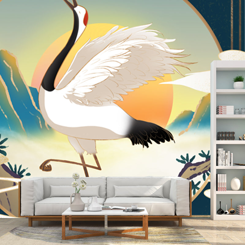 Chinese Halcyon Dancing Mural Decal Blue Moisture Resistant Wall Art for Living Room