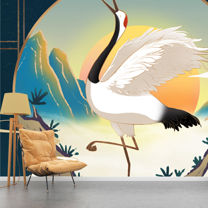 Chinese Halcyon Dancing Mural Decal Blue Moisture Resistant Wall Art for Living Room