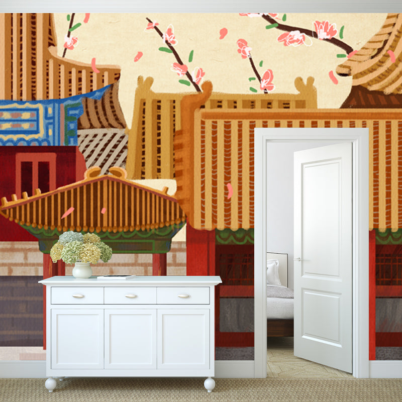 Whole Houses with Blossom Mural Decal Oriental Enchanting Construction Wall Art in Yellow