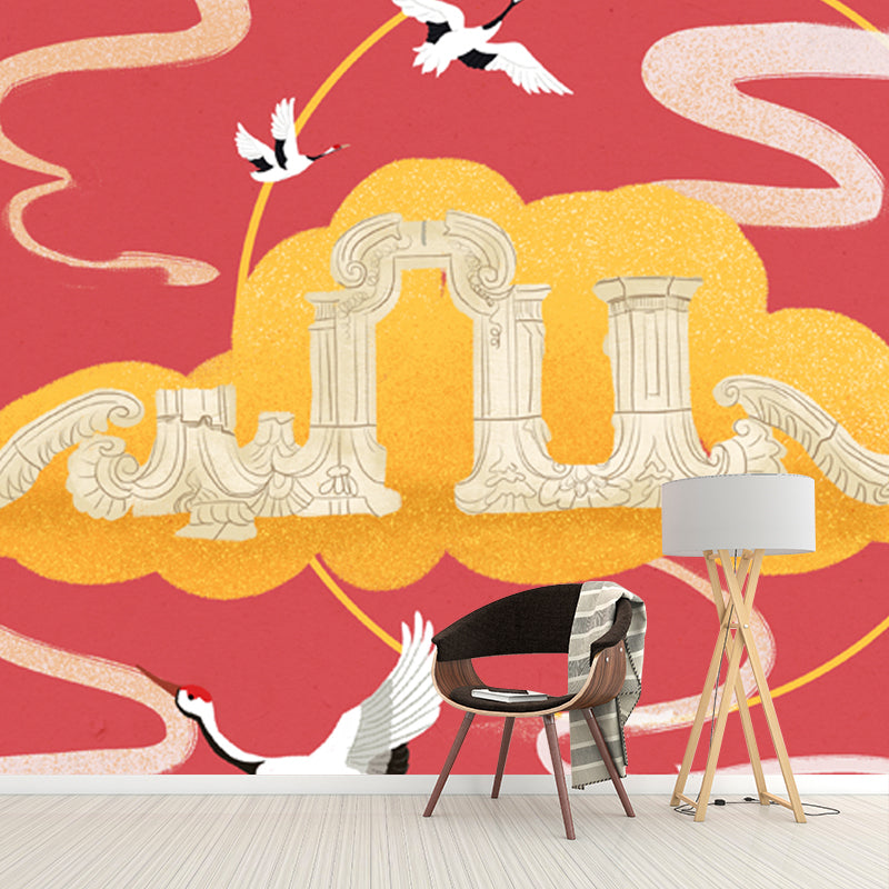Halcyon Fly over Cloud Mural Decal in Red Chinese Style Wall Covering for Living Room
