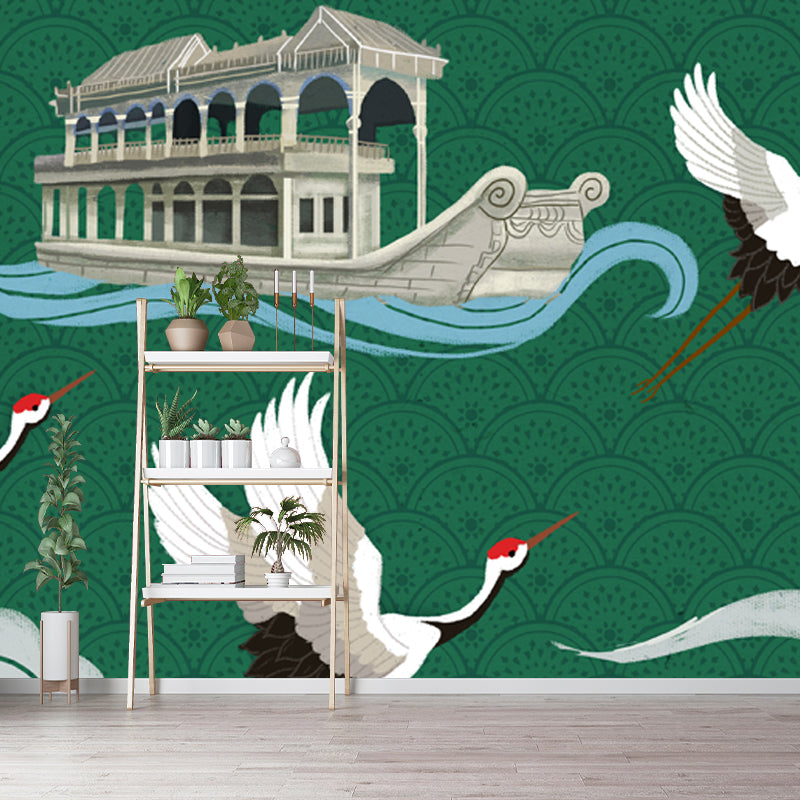 Chinese Houseboat and Halcyon Mural for Tearoom Personalized Wall Art in White-Green