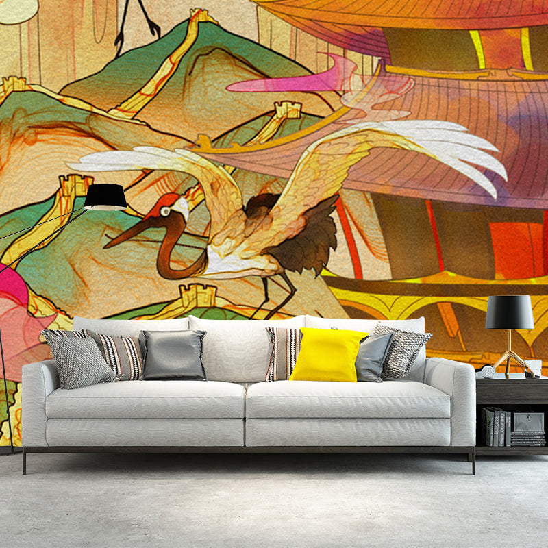 Orange Chinoiserie Wall Paper Mural Large Halcyon and Temple Scenery Wall Decor for Bedroom