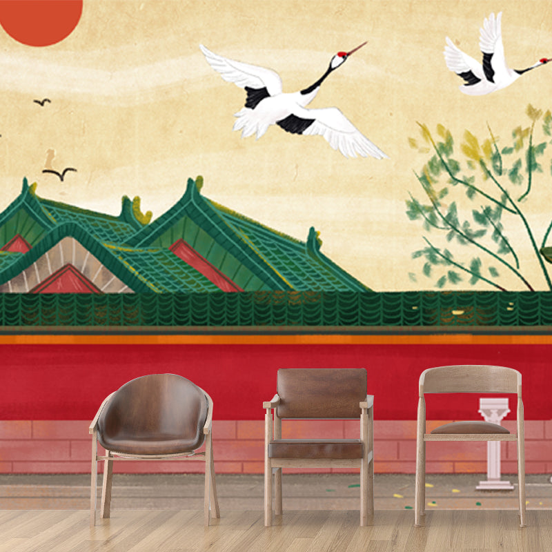 Chinese Ancient Architecture Mural Decal for Home Custom Wall Covering in Red-Beige