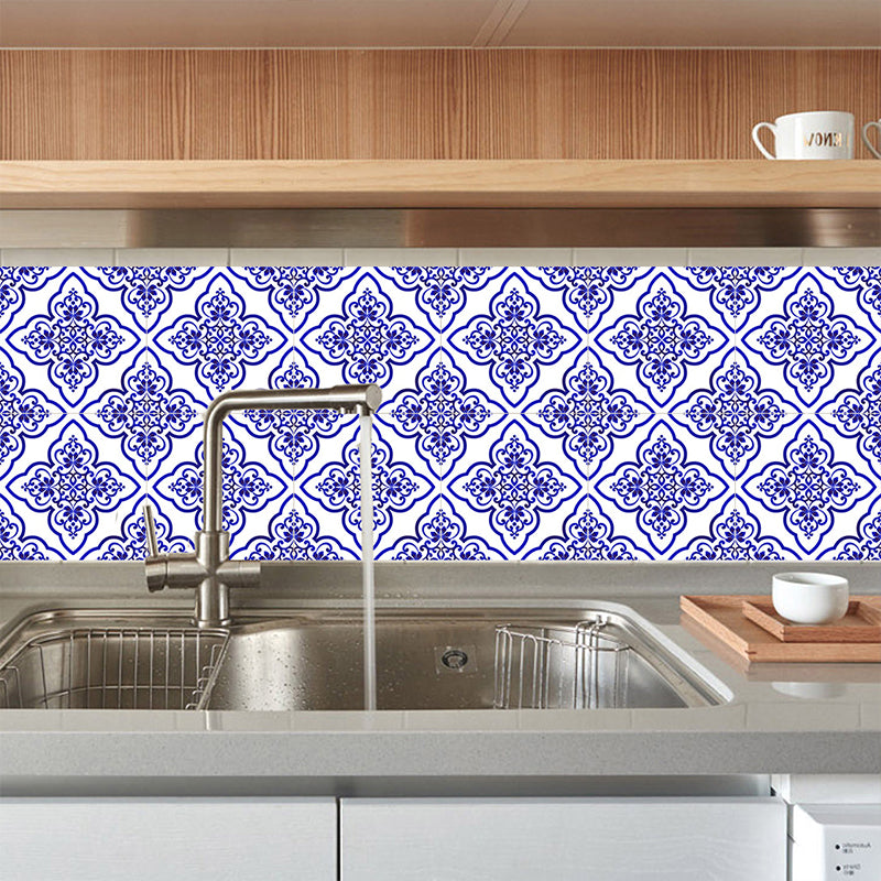 Floral Porcelain Tile Wallpaper Panels 18 Pcs Blue PVC Wall Decor, Easy to Remove, 7.8-sq ft