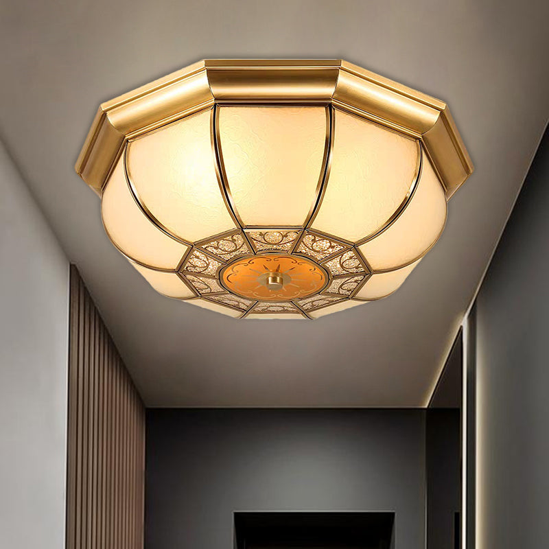 3 Bulbs Flush Mounted Fixture Countryside Patterned Bowl Frosted Glass Ceiling Lighting in Brass