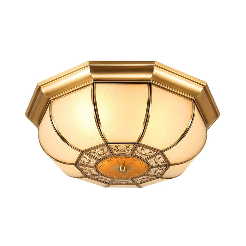 3 Bulbs Flush Mounted Fixture Countryside Patterned Bowl Frosted Glass Ceiling Lighting in Brass