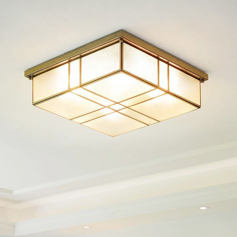 2-Bulb Cubic Flush Mount Lamp Warehouse Brass Opal Glass Ceiling Light Fixture for Bedroom