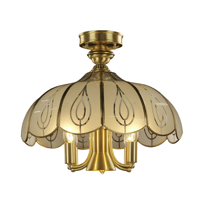 Latón 4 cabezas Semi Flush Estilo rural Vidrio esmerilado con techo cubierto de vidrio con patrón de hoja