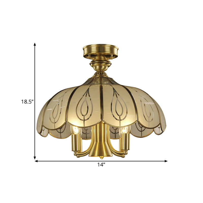 Latón 4 cabezas Semi Flush Estilo rural Vidrio esmerilado con techo cubierto de vidrio con patrón de hoja