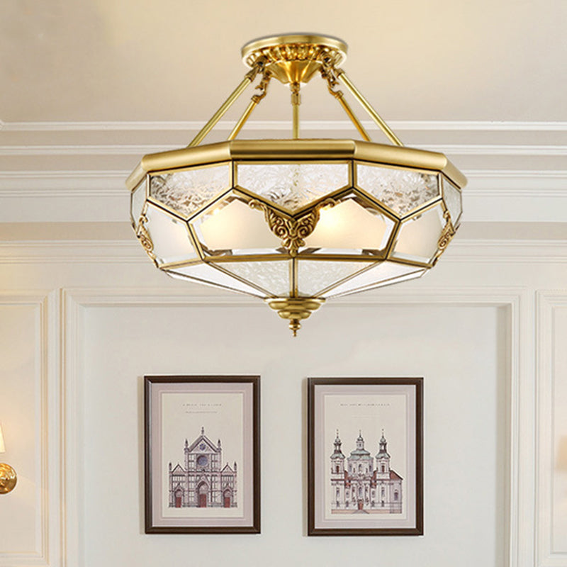 Opaline Glass Brass Semi Flush Mount Faceted Dome 3/4 Lights Country Printed Close to Ceiling Lamp, 14"/18" Width