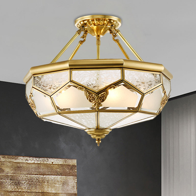 Opaline Glass Brass Semi Flush Mount Faceted Dome 3/4 Lights Country Printed Close to Ceiling Lamp, 14"/18" Width