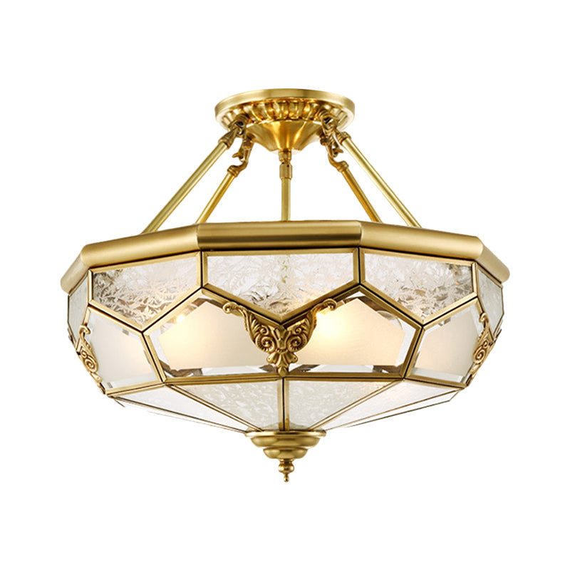 Opaline Glass Brass Semi Flush Mount Faceted Dome 3/4 Lights Country Printed Close to Ceiling Lamp, 14"/18" Width