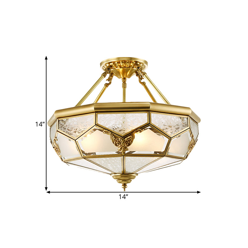 Opaline Glass Brass Semi Flush Mount Faceted Dome 3/4 Lights Country Printed Close to Ceiling Lamp, 14"/18" Width